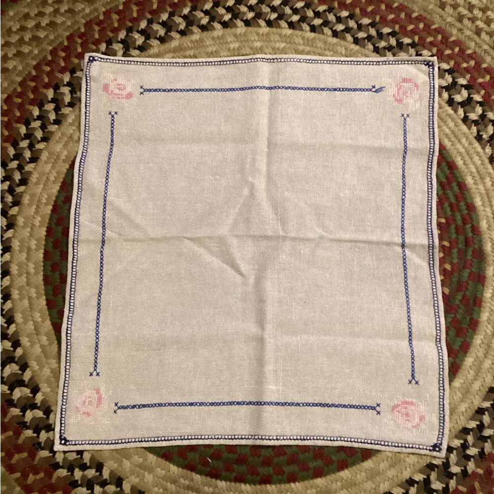 Vintage Embroidered Table Linen Blue Trim Pink Flowers 18x19"
